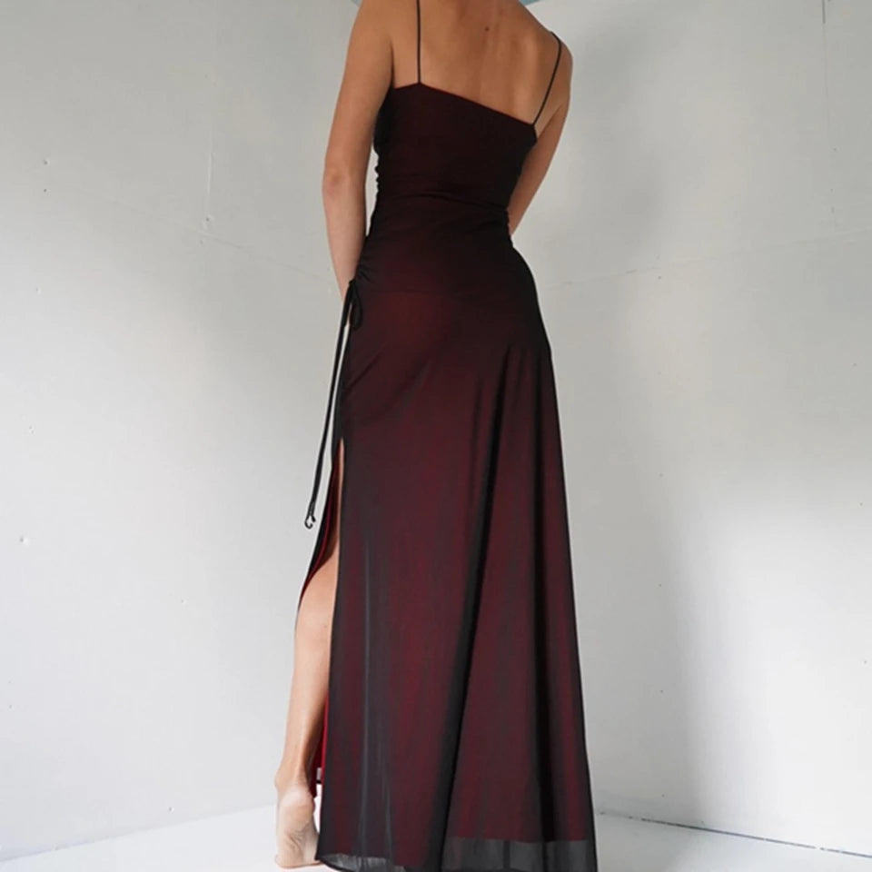 Gorgeous Prom Dress Dark Red Spaghetti Straps Tulle Mermaid Prom Gown  Sexy High Side Slit Cocktail Party Floor Length Evening Dresses For Women