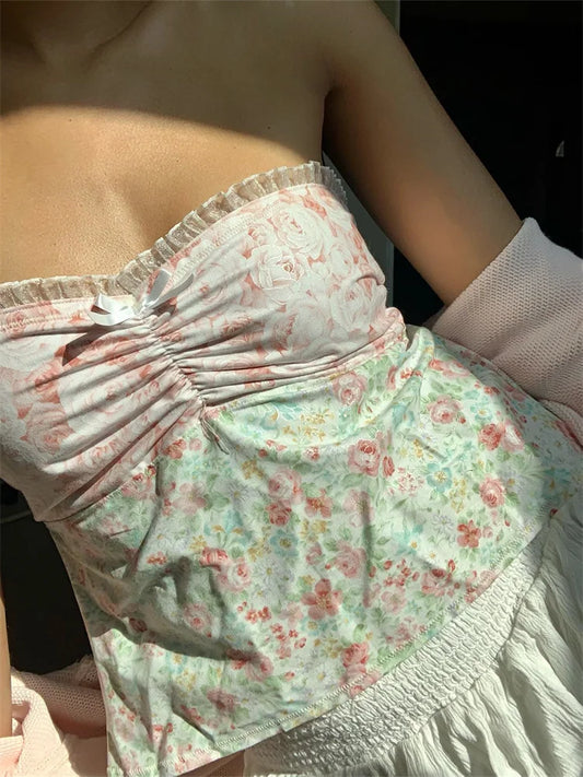 Retro Women Strapless Off Shoulder Tube Tops Lace Patchwork Summer Plaid Floral Print Tank Aesthetic Backless Vest