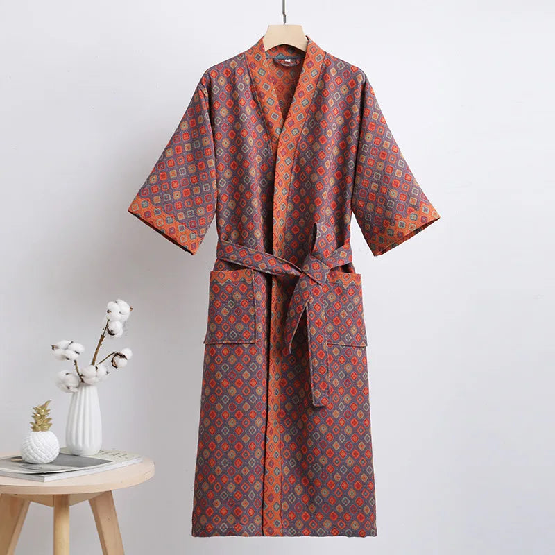 Couple's Dressing Gowns Vintage Print Loungewear Double Layer of Cotton Bathrobes Women's Pajamas Absorb Water and Dry Quickly