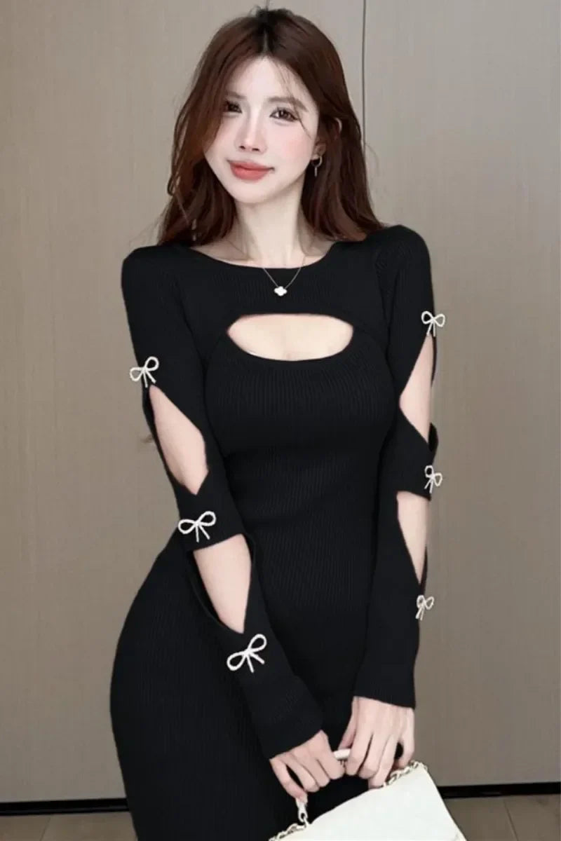 warmmeta Girl O-Neck Long-sleeved Dress Women's Autumn/Winter Hollow Out Slim Fit Sexy Wrapped Hip Knitted Dress Female Clothes