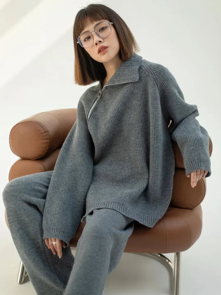 Autumn Knitted Two Piece Set Women 2023 Zipper Sweaters and Wide-leg Pants Suit Solid High-neck Pullover Sets for Women 2 Pieces