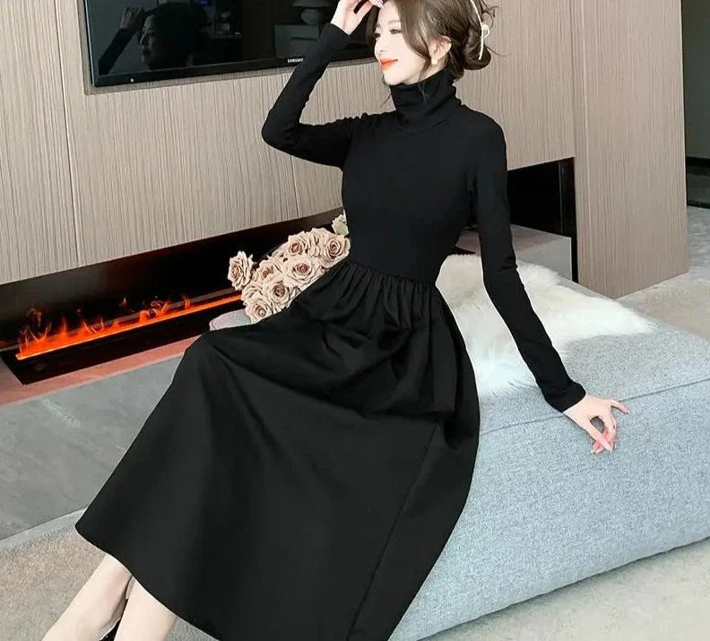 warmmeta Women Winter Turtleneck Black Midi Dress Korean Elegant Long Sleeve A-line Slim Vestidos Autumn Office Lady Casual Robe Clothes