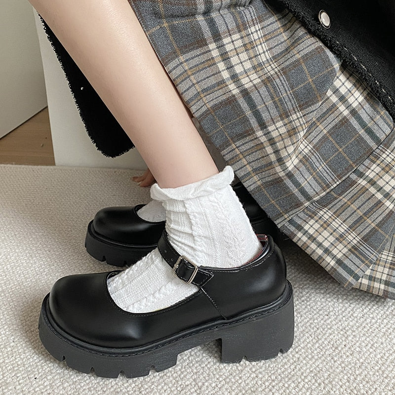 Platform Heels Mary Jane Shoes Simple Lolita Shoes Black Platform Shoes Student College Sweet Medium Heel Women's Single Shoes