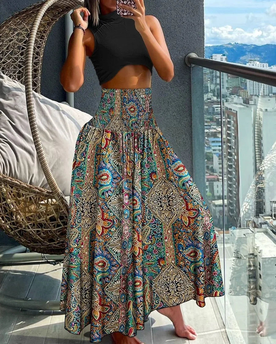 Boho Print Skirts For Women 2024 Summer Casual Elastic High Waist A-line Big Swing Long Dress Vacation Beach Party Skirt Robe