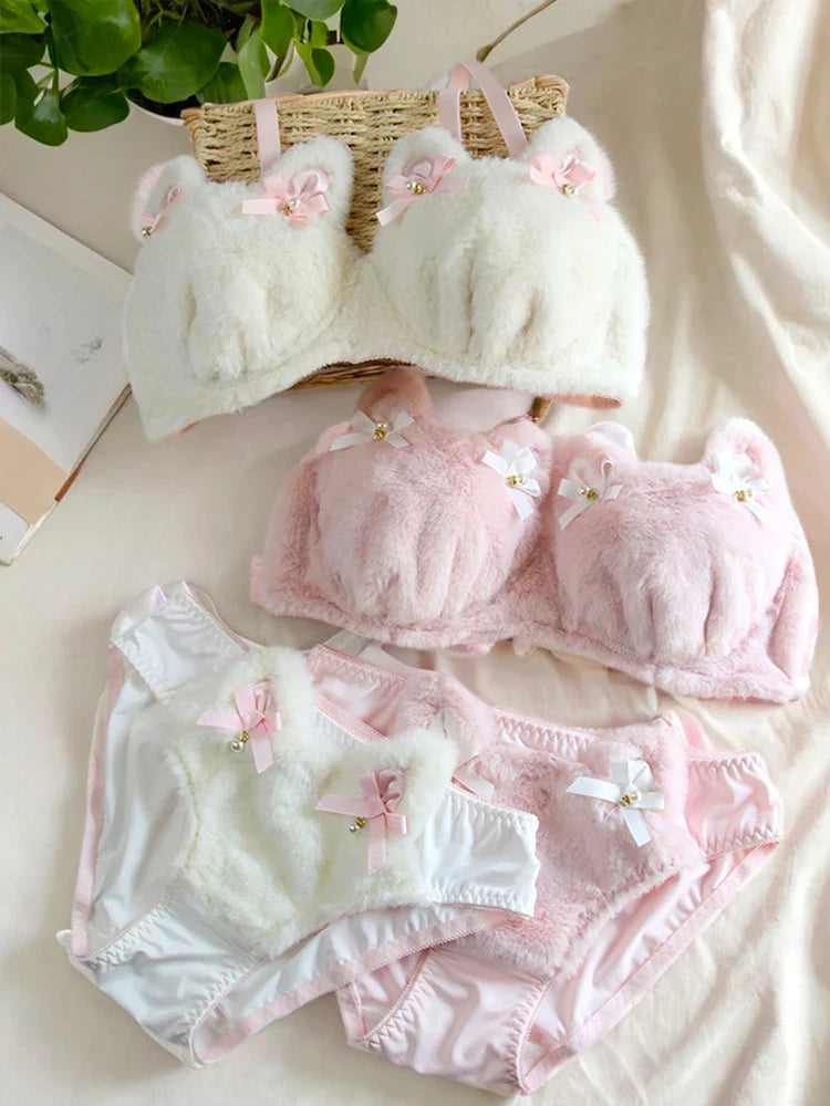 Soft Kawaii Kittens with Bow Lingerie Set