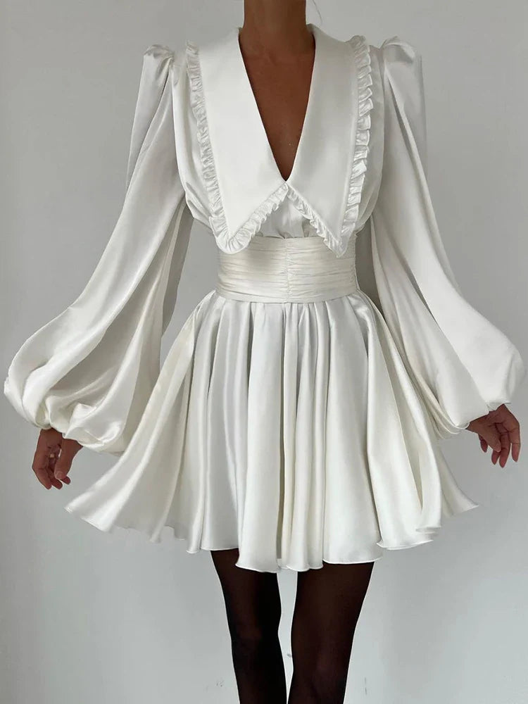 Picsgirl White Mini Dress Women Summer Long Sleeve Short Dress Ladies Pleated V Neck Lantern Dresses Female Slim Casual Vestidos De Mujer