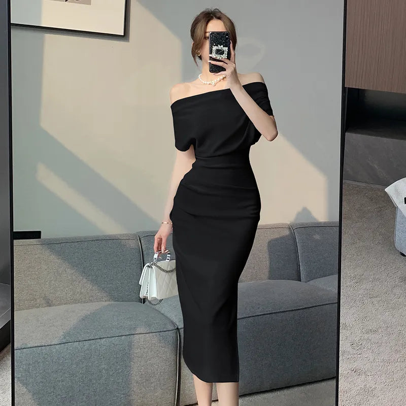 warmmeta French Temperament Celebrity Wind Sexy Strapless Oblique Collar Dress Female Spring and Summer Slim Open Package Hip Long Dress