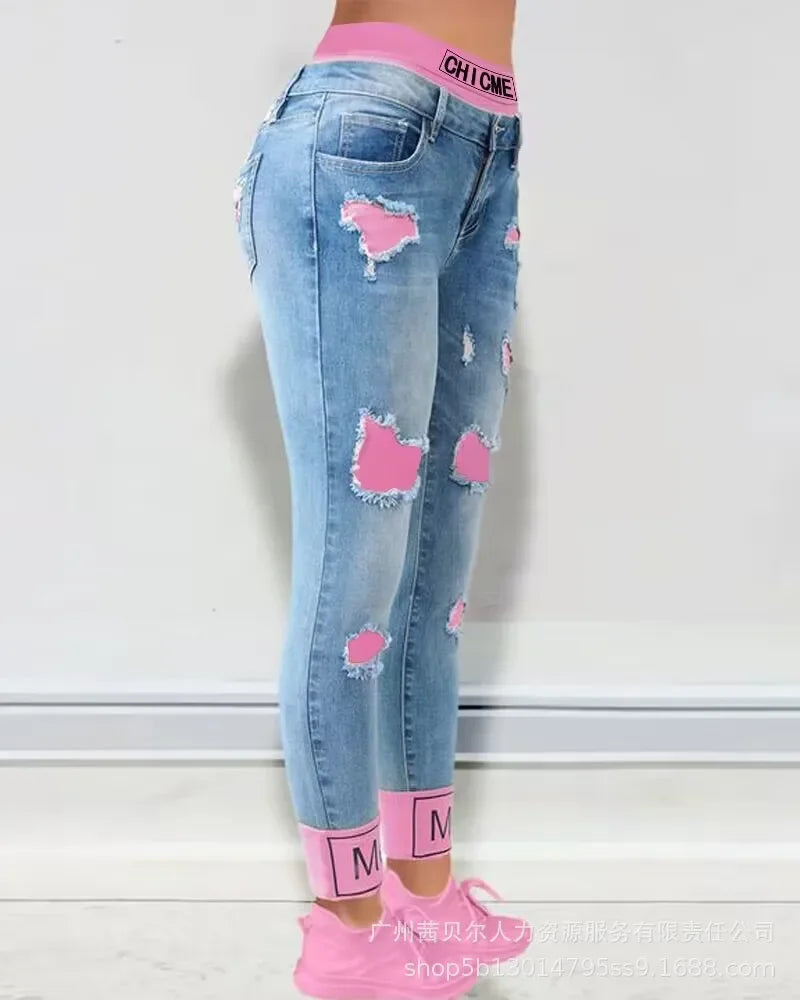 Fake Two-Piece Patchwork Cutout Ripped Jeans Women Ankle Length Fashion Casual High Waist Pencil Pants Denim