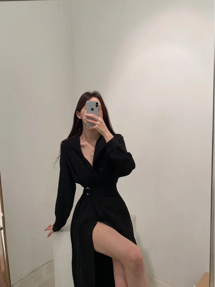 Korean Style Black Midi One Piece Dress Women Coquette Shirt Holiday Dresses Elegant Spilt Long Sleeve Winter Vestidos