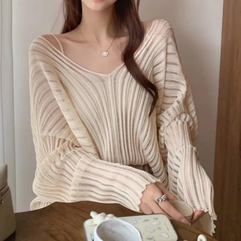 Sexy Chic Sweet Knit Blouse Women Y2k V Neck Loose Casual Shirts Women Office Ladies Tops Elegant Solid Clothes Jumpers 29126