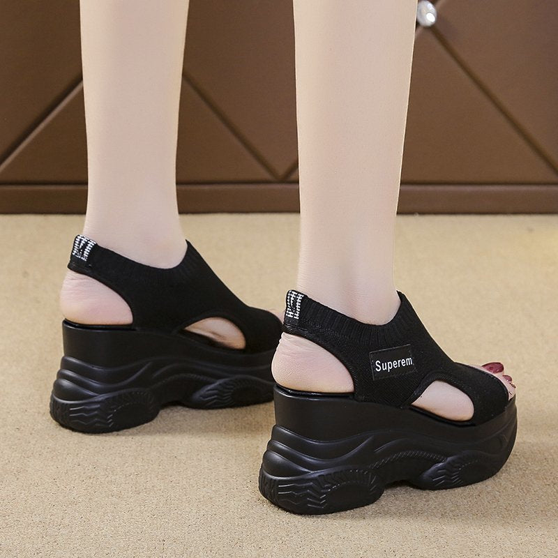 Women's Sandals 2022 Summer Wedge Heel Elastic Cloth Cover Foot Ladies Sandals Thick-soled Fashion Trifle Elevation Casual Shoes