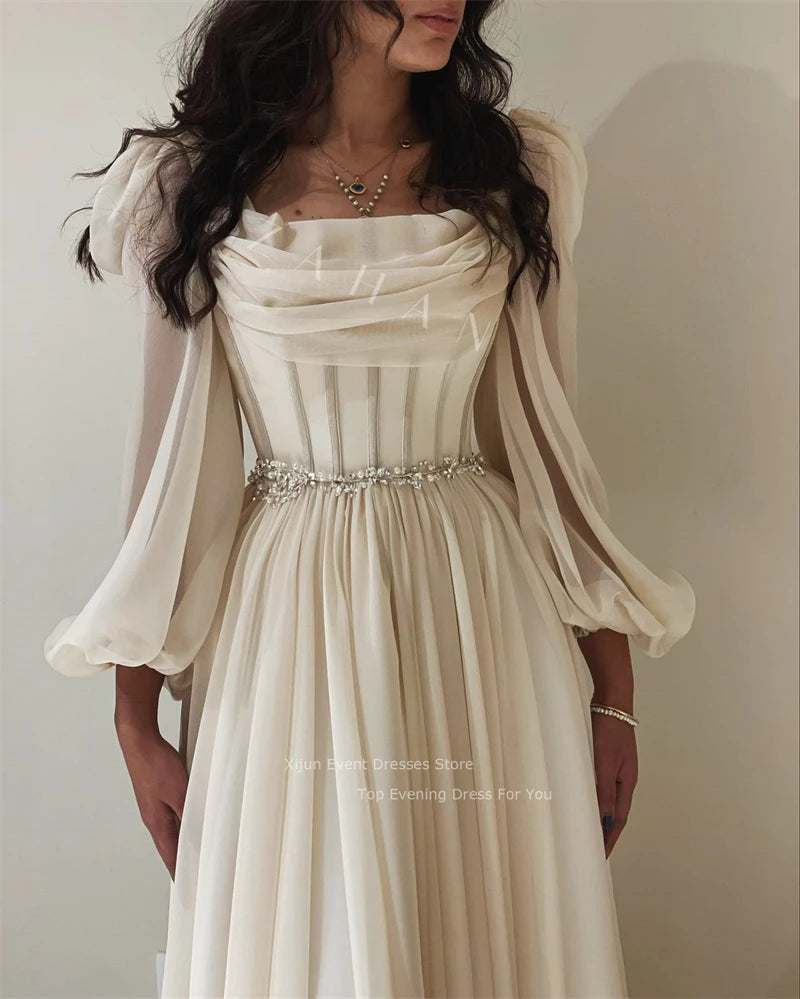 Chiffon Long Sleeves Prom Dresses Pleats Crystal Beaded Prom Gowns Formal Party Elegant Gowns Dubai Evening Dress Women