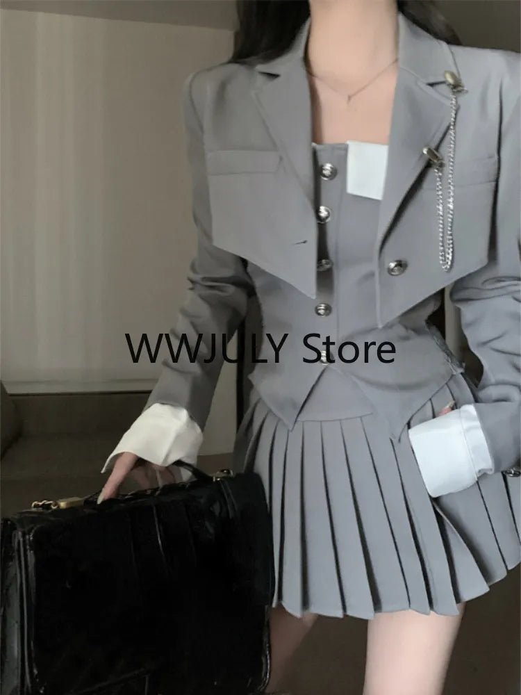 2023 Autumn Preppy Style Pleated Casual A-line Skirt Women + Irregular Patchwork Slim Camisole + Jacket Three-piece Suit Female