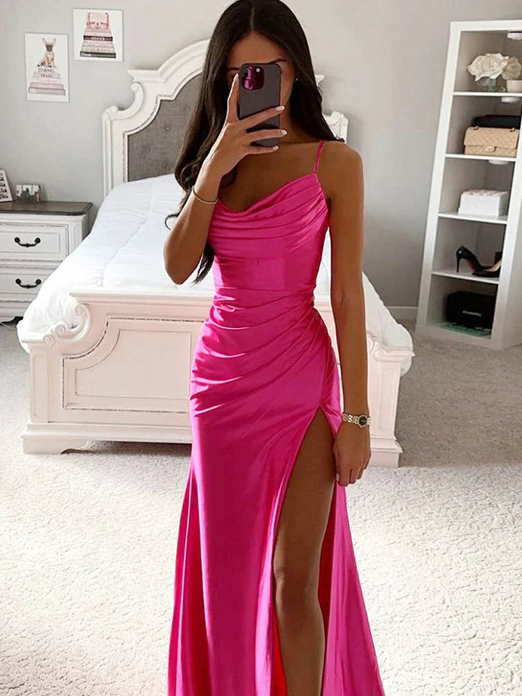 WARMMETA Satin Backless Side Split Maxi Dress Women 2024 Summer Sexy Slim Off Shoulder Ruched Bodycon Female Party Evening Dresses