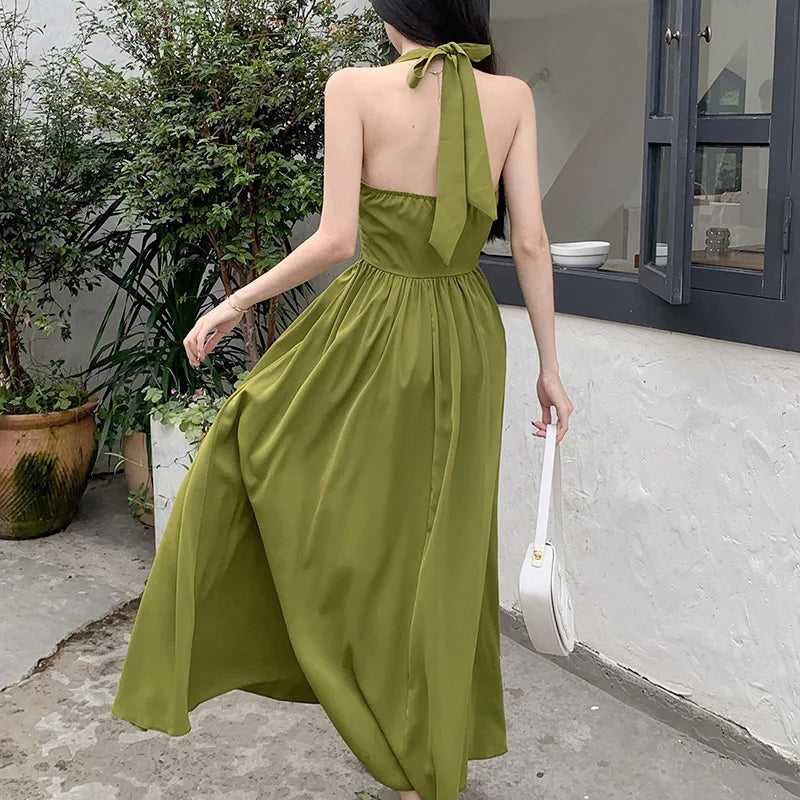 warmmeta-Women's elegant dress 2024 Spring Festival new Europe and the United States tied avocado color neck A pendulum long skirt