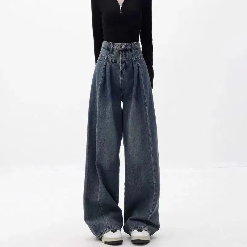 Spring Autumn Korean Fashion Streetwear High Waist Baggy Jeans Women Straight Thin Drape All-Match Wide-Leg Pants Jeans Femme