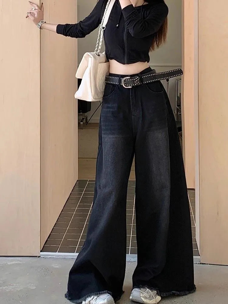 Hot Girl Baggy Jeans Femenina Y2k Street vintage Washed To Make Old Fried Straight Wide-Leg Denim Pants For Women