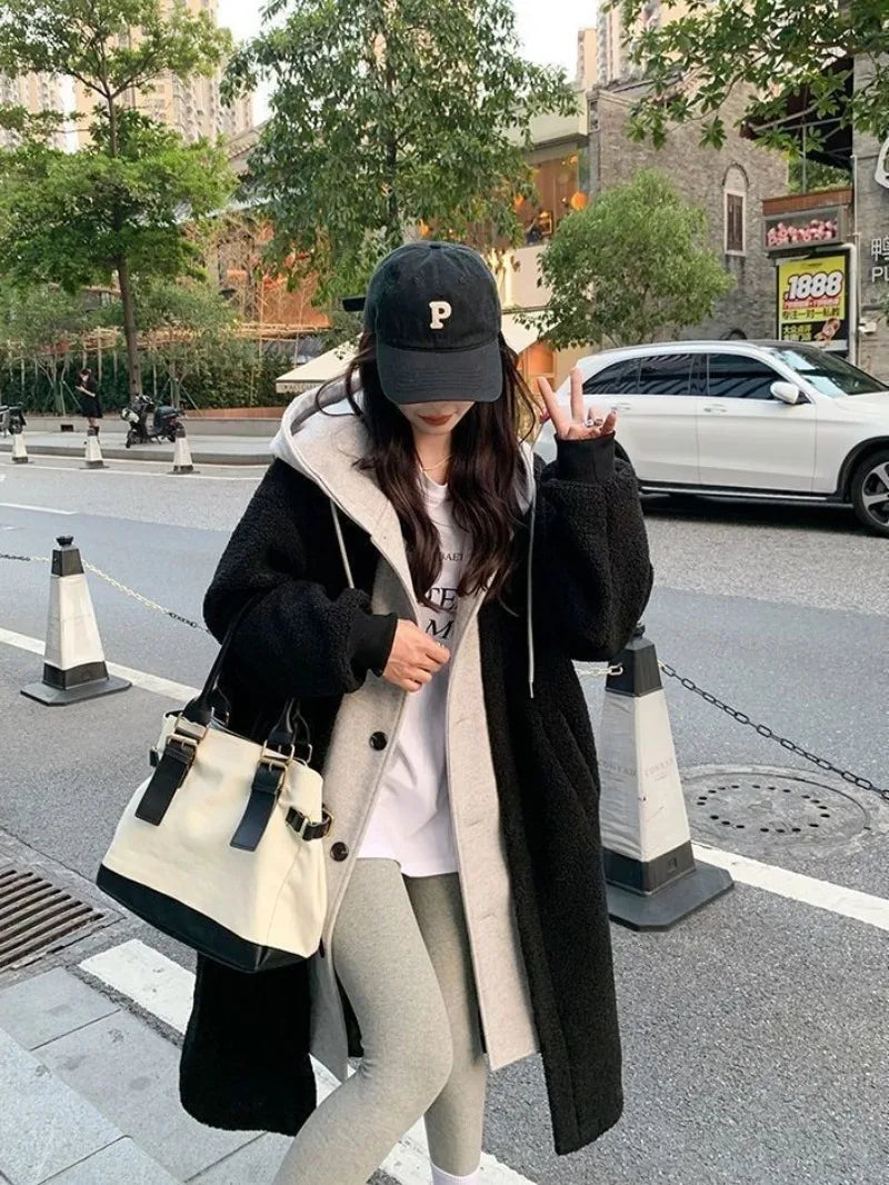 CHIC Fake Two Imitation Lambswool Hooded Coat Women's Autumn and Winter 2023 New Thick High-grade Cardigan Long Joker Plush Coat