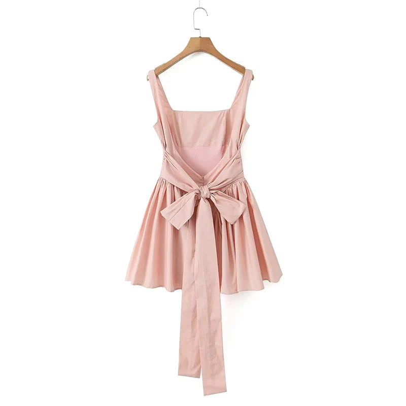 WARMMETA 2024 Women Sweet Tie Bow Sashes Sexy Backless Dress Waist Spliced Pleated Swing Party Mini Robe