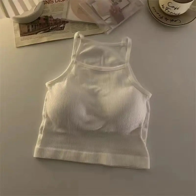 Korean Version Women Tank Tops Thread Solid Casual Fashion Crop Top with Chest Pad Stripe Sleeveless Outer Wear Basic Camisole