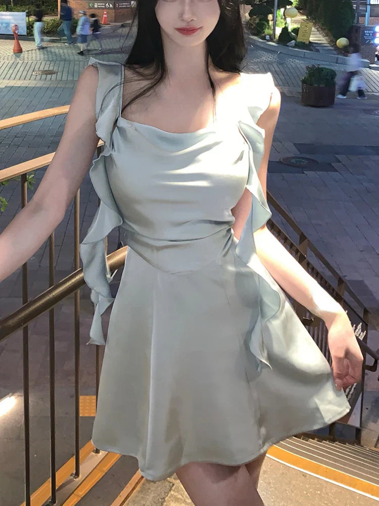 Elegant Sleeveless Satin Mini Dress Women  Summer Korean Short Design Spaghetti Strap Vintage Fairy Sweet Female Clothing