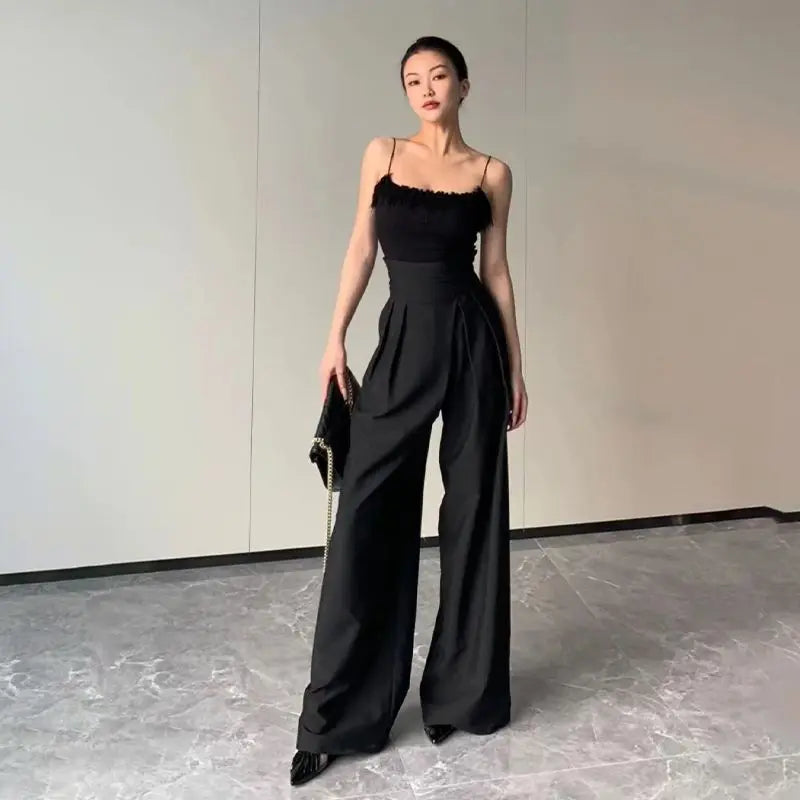 2024 Black Design Wide-Leg Pants Women's Slimming Suit Pant Magic High Waist Loose Straight Drooping Mopping Casual Trousers