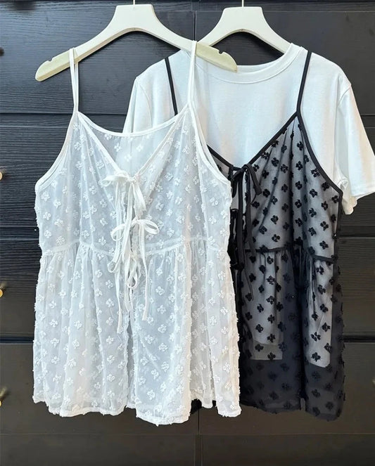 Korean Style Overlap Tank Top Women Spring Bow Lace Up Jacquard Polka Dot Outwear Vests Sweet Sleeveless Chiffon Tops