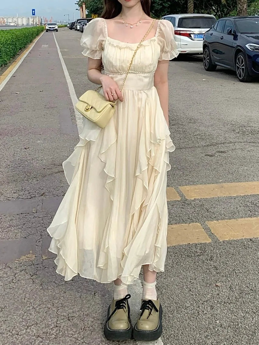 Summer Chiffon Fairy Dress Women Solid Elegant Party Midi Dress Female Casual Sweet Korean Fashion Pink Dress 2023 New Clothes