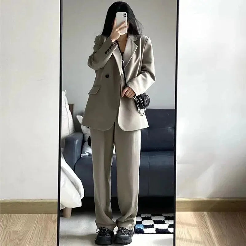 Fashionable Casual High-end Western Clothes Coat Women Spring Autumn Loose Slim Two-piece Western Clothes Set Tea Gray Pants