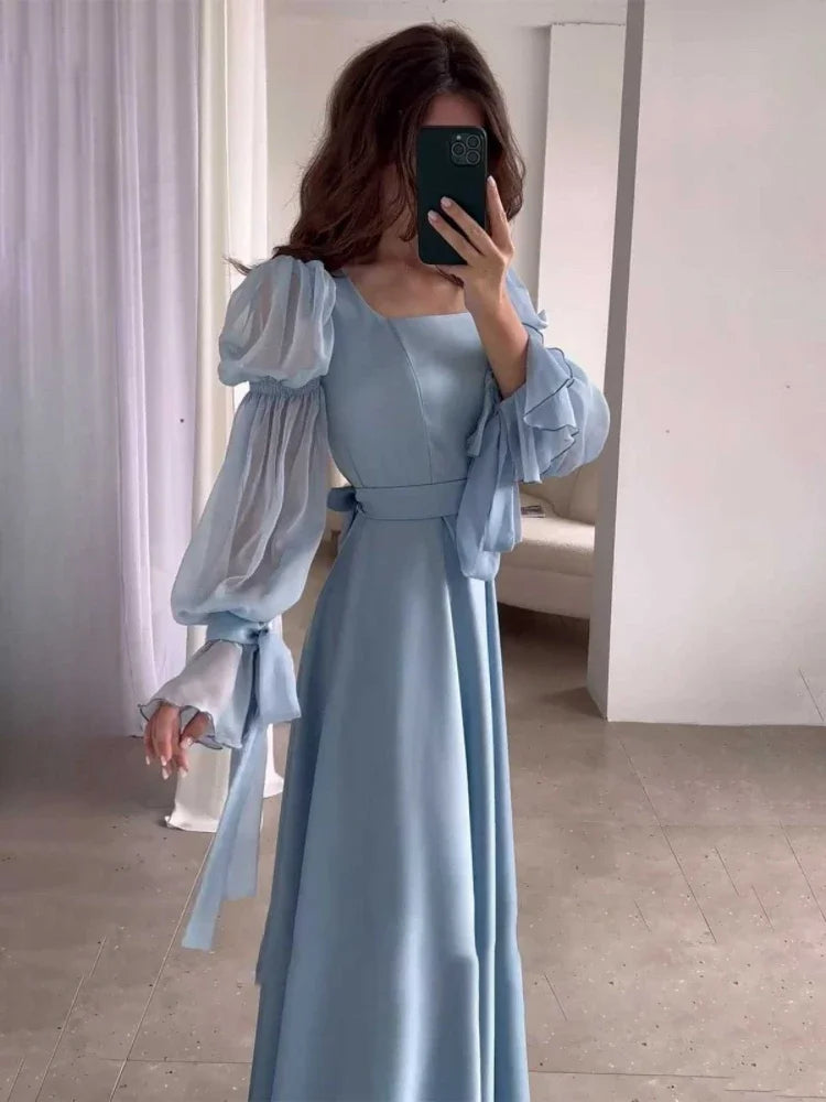 Women Chiffon Satin Evening Dress Square Collar Belt Flare Sleeve Pleated Female Dresses 2024 Elegant Lady Y2k Streetwear