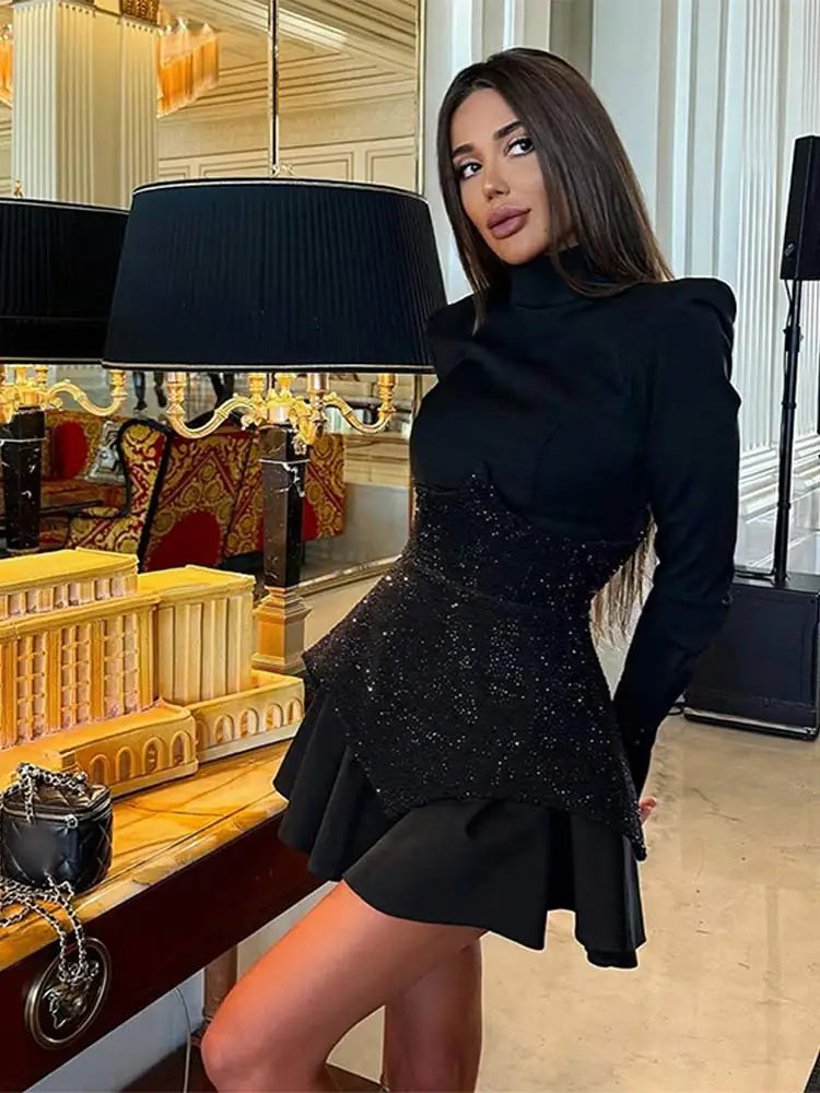 Women Fashion Sequin Black Patchwork Mini Dress O Neck High Waist Long Sleeve A-line Dresses 2024 New Evening Party