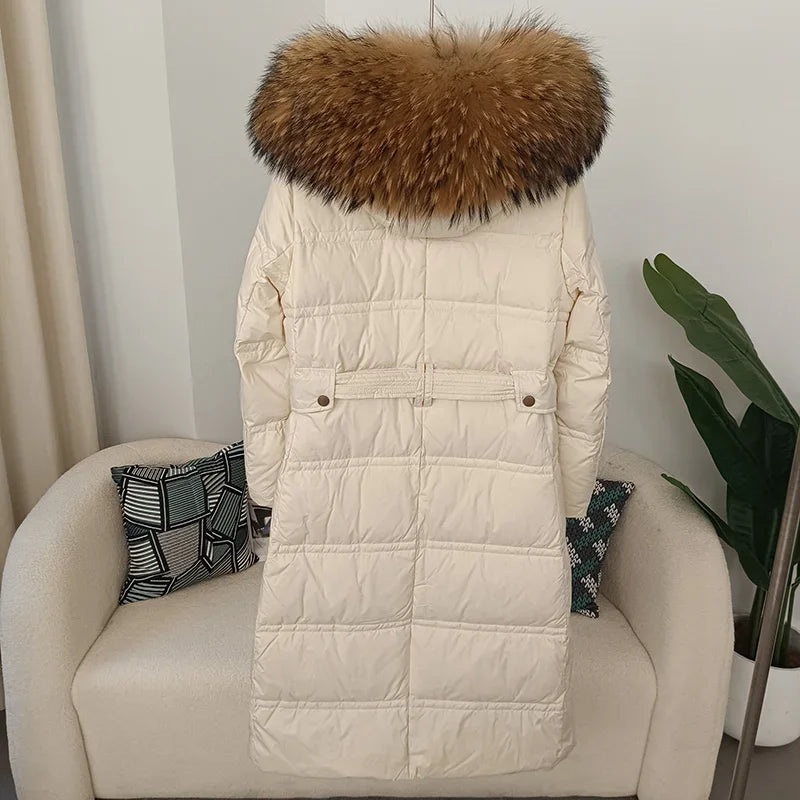 2023 Fashion Long Winter Jacket Women Real Raccoon Fox Fur Collar Natural Thick Warm Duck Down Coat Belt Outerwear Streetwear