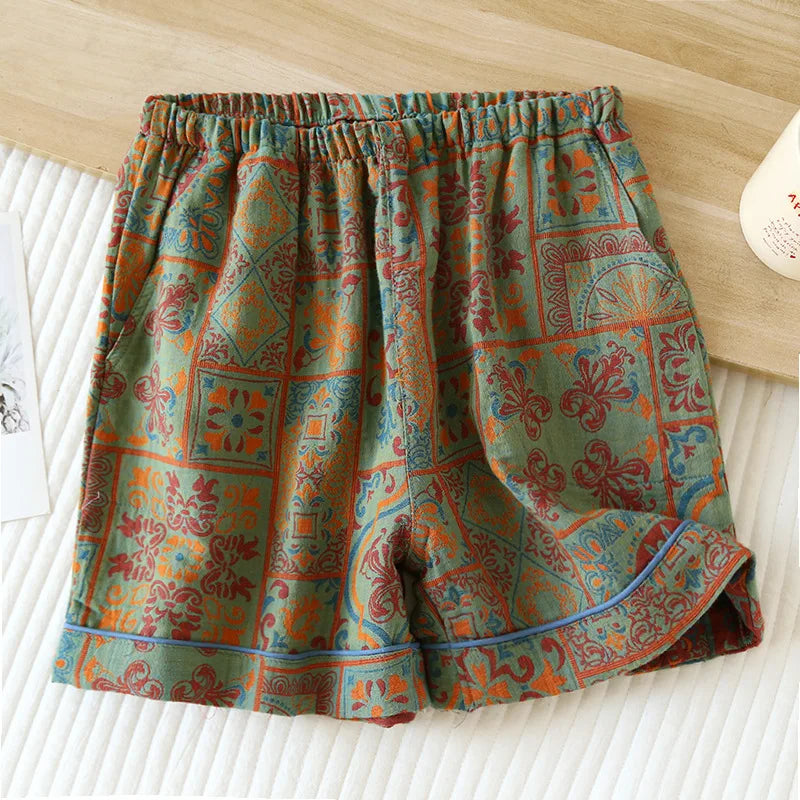 warmmeta-New Summer Women's Pajamas 100% Cotton Shorts Yarn-dyed Jacquard Shorts Women's Loose Home Pants Thin Home Pants Pajamas