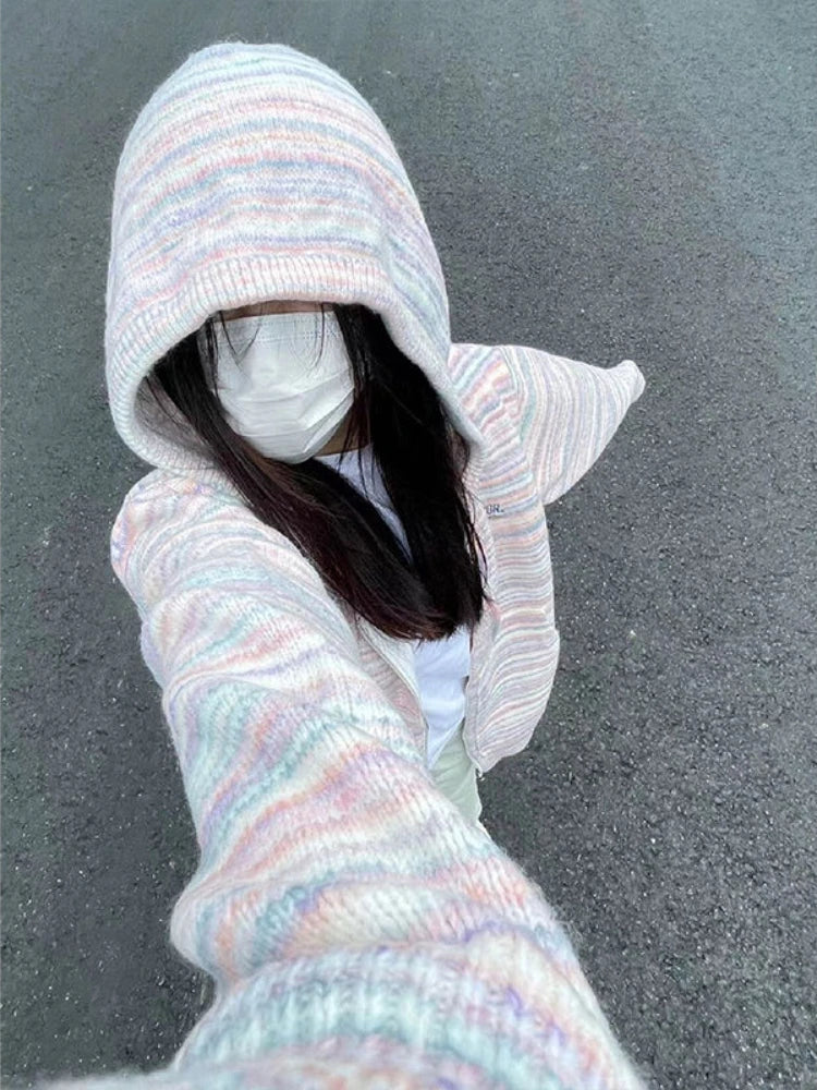 Deeptown Y2K Vintage Striped Knitted Cardigan Women Harajuku Hippie Zipper Oversized Sweater Casual Hooded Tops Coats Streetwear