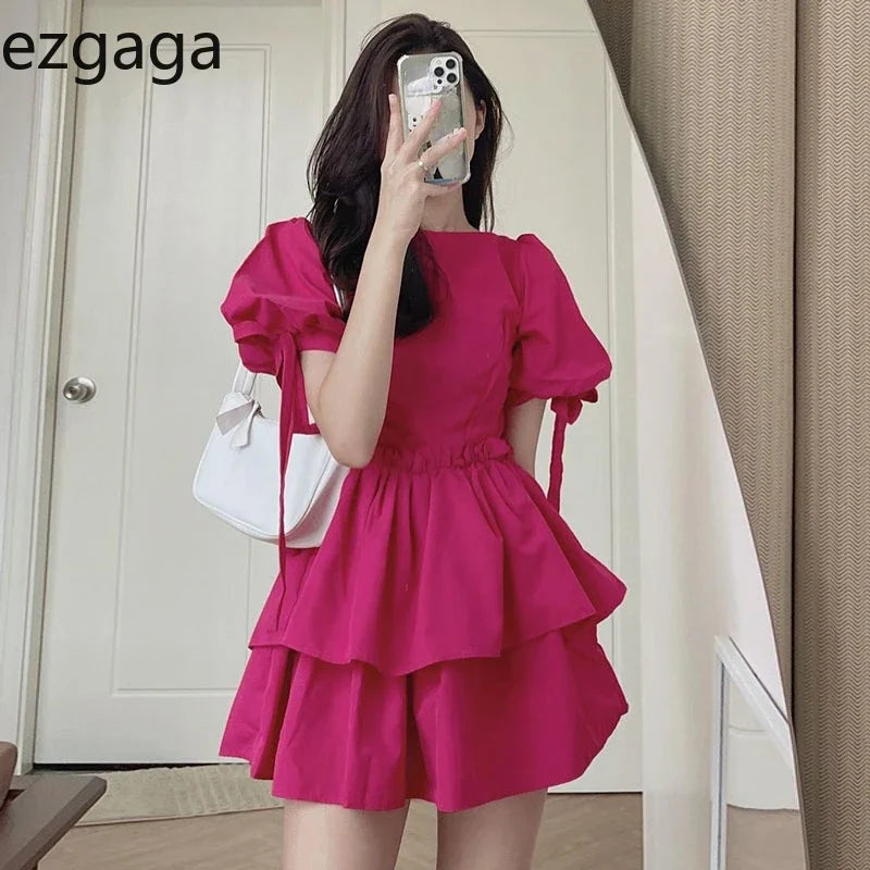 WARMMETA Dresses Woemn Lace Up Ruffles Patchwork Puff Short Sleeve Solid Korean Fashion Spring Summer Ladies Dress Casual