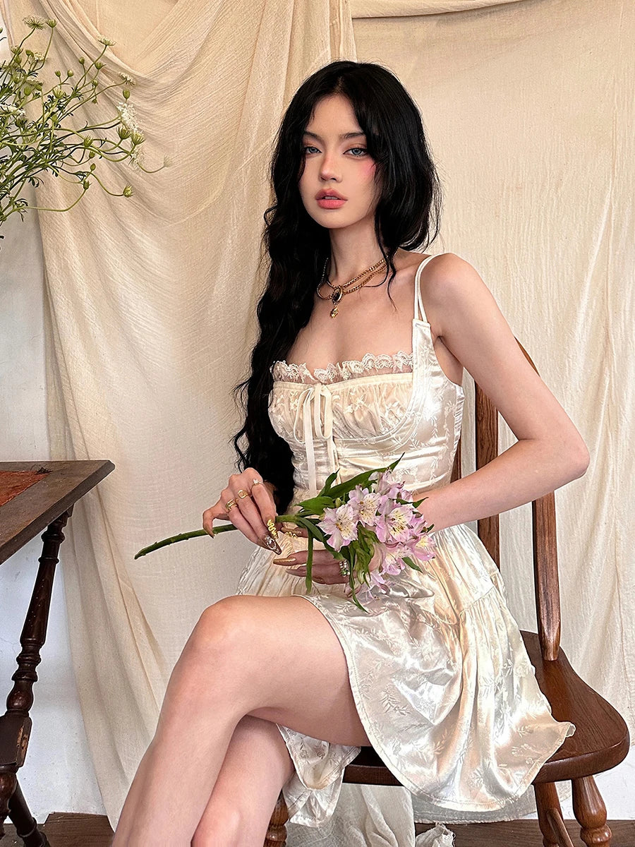 Medieval Retro Satin Mini Dress Women Stitch Lace Trim Jacquard Ruffle Romper Event Party Cami Dress Desire One-piece