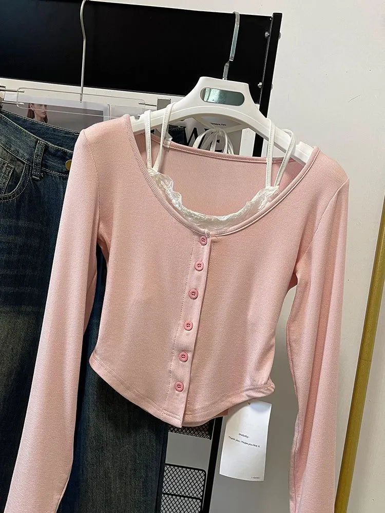 Pink T-shirts Women Slim Sweet College Fashion Korean Spring Soft Leisure Cropped Spliced Designed New Arrival Daily Casual