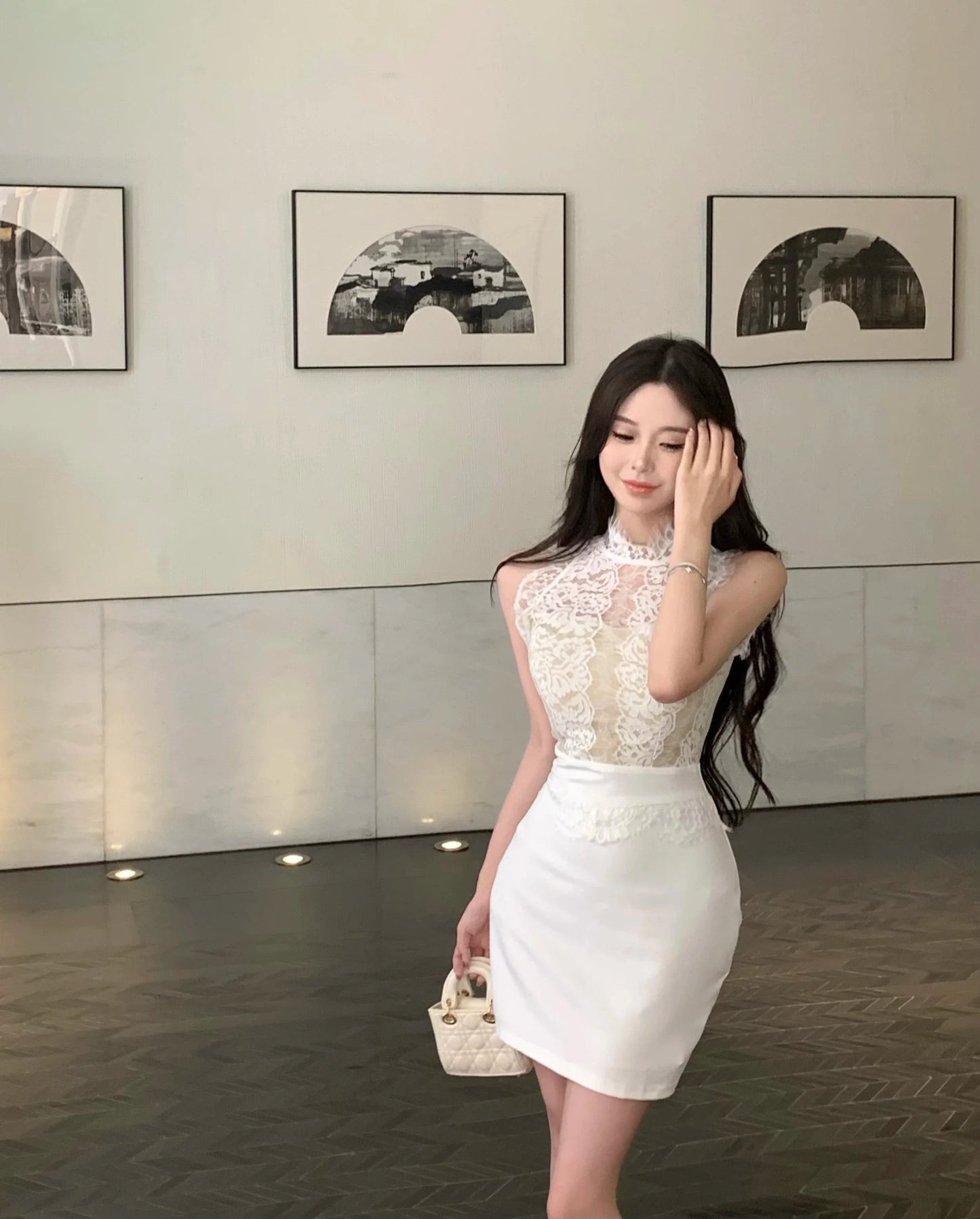 WARMMETA Spicy Girl Lace Stitching Dress Women Summer White Temperament Waist Sleeveless Wrap Hip Short Dress Fashion Lady Clothes