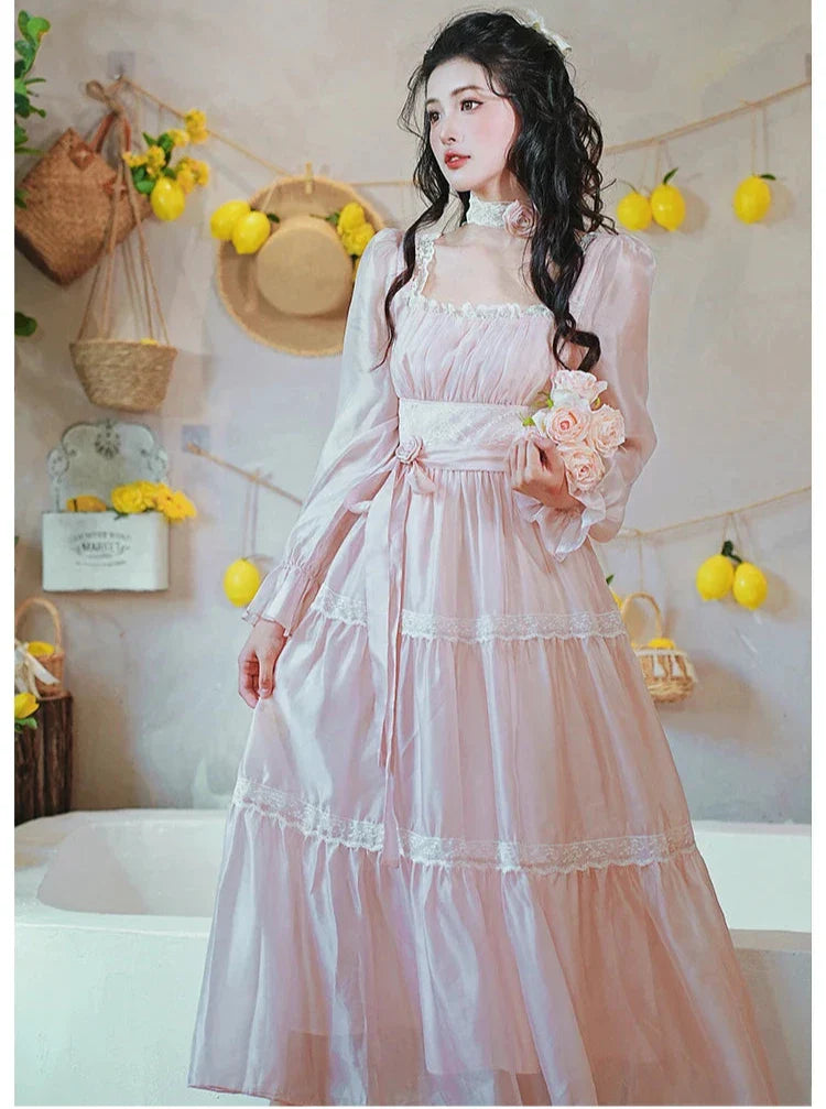 Rosepetal River Fairycore Princess Dress with Choker Necklace