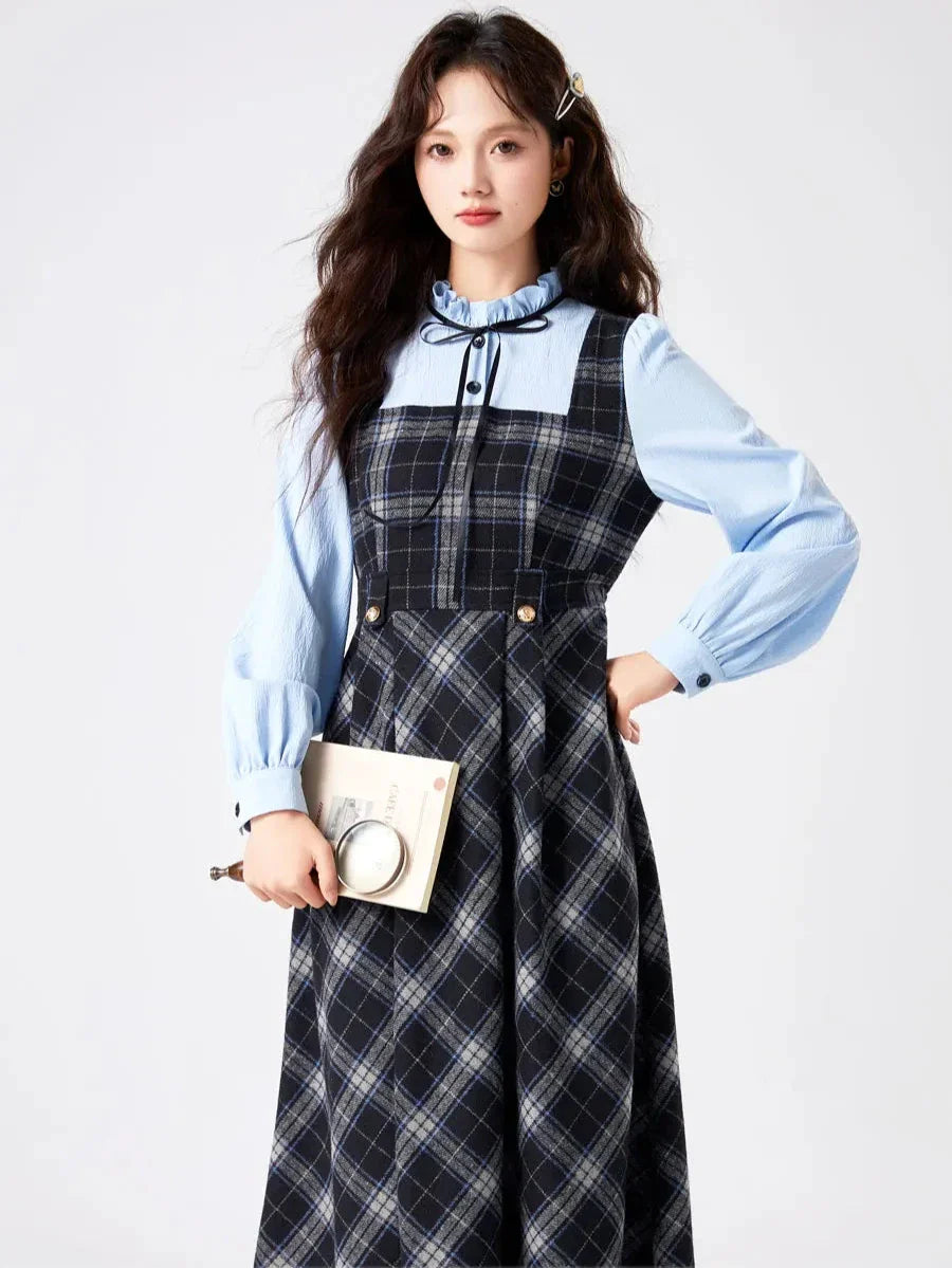 Blue Stories Dark Academia Plaid Long Sleeve Dress