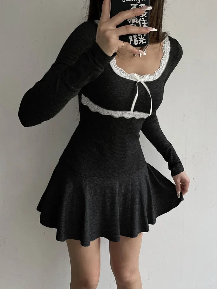 Fashion Icon Dress To impress Spring Bow Bodycon Long Sleeve Pleated Short Dress Casual Korean Style Lace Patchwork Knitted Mini Dress For Women