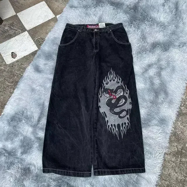 warmmeta Jeans New Harajuku Hip Hop Retro Skull Graphic Embroidered Baggy Jeans Denim Pants Men Women Goth High Waist Wide Trousers