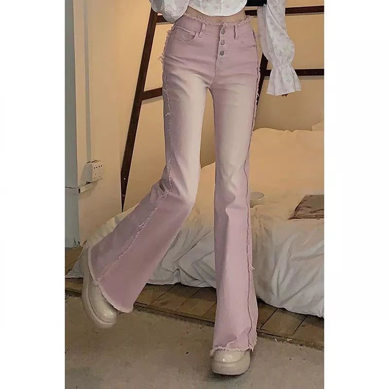 Flare Pants Jeans Y2k 90s Slim Pink Flare Pants for Women Y2k Vintage Female Low Waist Jeans High Street Full Length Trousers