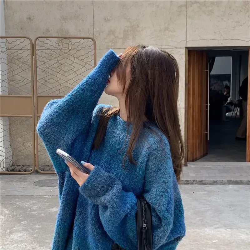 Retro Japanese thick sweater loose lazy female outer wear tie-dye gradient color winter new women knitted sweater sweater