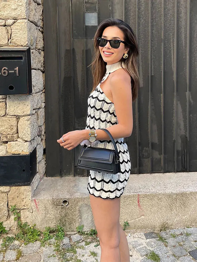 Elegant Striped High Waist Knitted Shorts Suit For Women Chic O Neck Short Sleeves Crop Tee Set 2024 Summer Lady Vacation Outfit