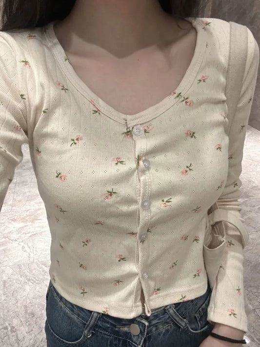 Sweet Floral Shirts for Women Y2k Korean Cute Blouses Cropped Cotton Long Sleeve Cardigan Knitted Vintage Hollow Out