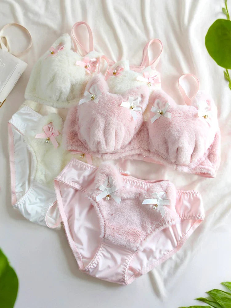 Soft Kawaii Kittens with Bow Lingerie Set