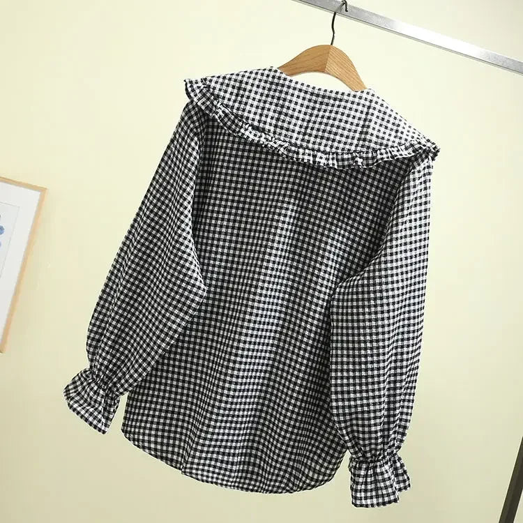 warmmeta-Women Blouse Spring Black  White Plaid Long Sleeve Loose-Fitting Shirt Coat Top Blusas Ropa De Mujer