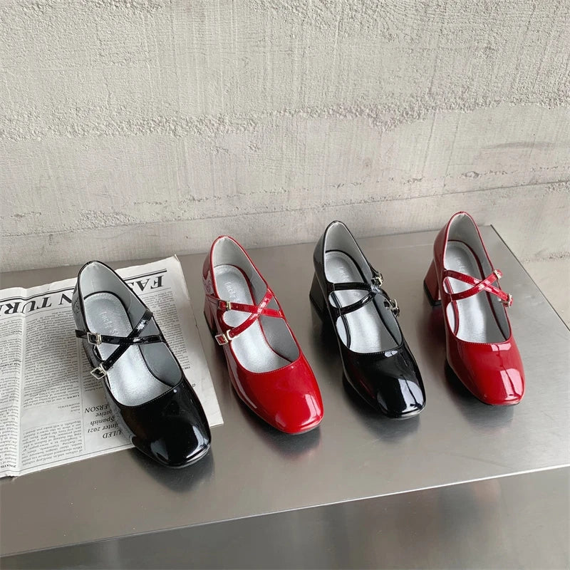 PICSGIRL -  New Spring Korea Flats Fashion Mary Jane Shoes Square Toe Women's Shoes Retro PU Red Black Women Pumps