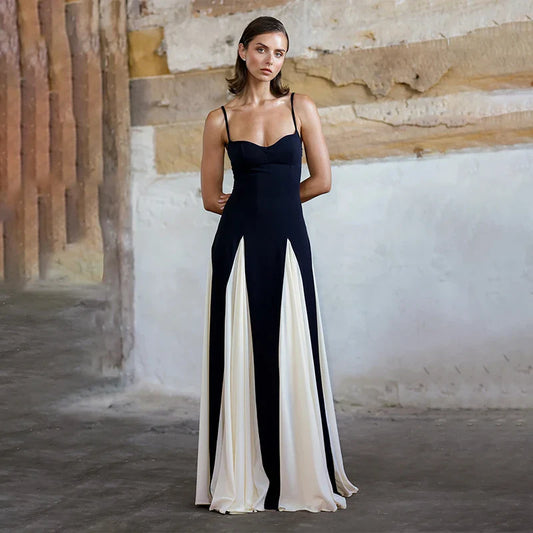 Contrast Color Suspender Maxi Evening Dress Women's With Lining Sexy Backless Splice Sleeveless Long Party Dress Female